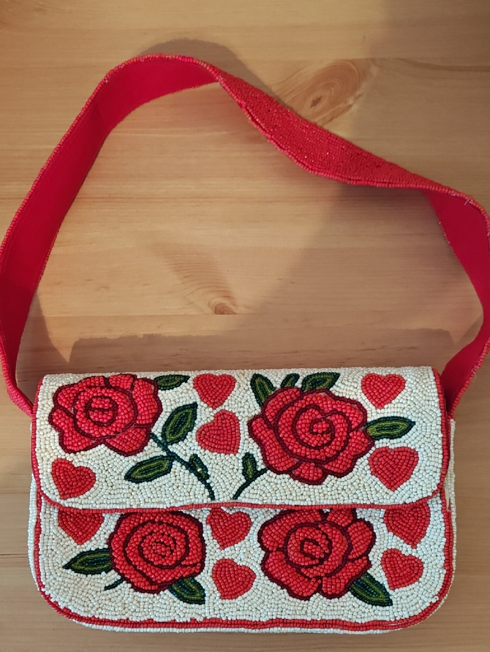 Red Beaded Rose Shoulder Bag - Women